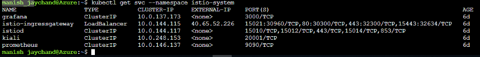 Screenshot showing the IP addresses for Istio components
