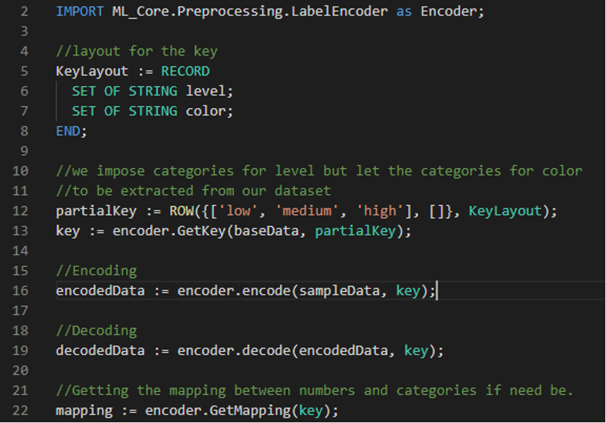 Screenshot of the ECL code required to use the LabelEncoder and the functions included
