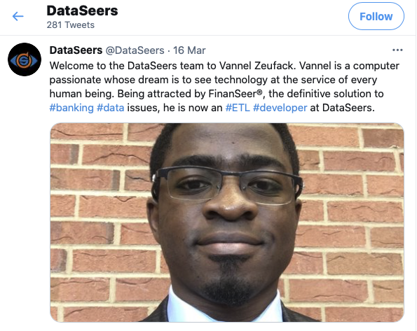 Image showing the DataSeer Twitter announcement of Vannel Zeufack joining their company